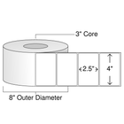 Close-up of a roll of 4” x 2.5” white direct thermal labels, neatly wound on a 3” core with an 8” outer diameter. Perfect for industrial label printers, this high-capacity roll is ideal for warehouse, shipping, and inventory tasks, offering clean, reliabl