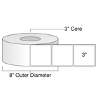 Roll of 3” x 3” square direct thermal labels with a 3” core and 8” outer diameter, ideal for industrial label printers in warehouse, manufacturing, and equipment labeling environments. Clean white labels with strong adhesive for dependable use.